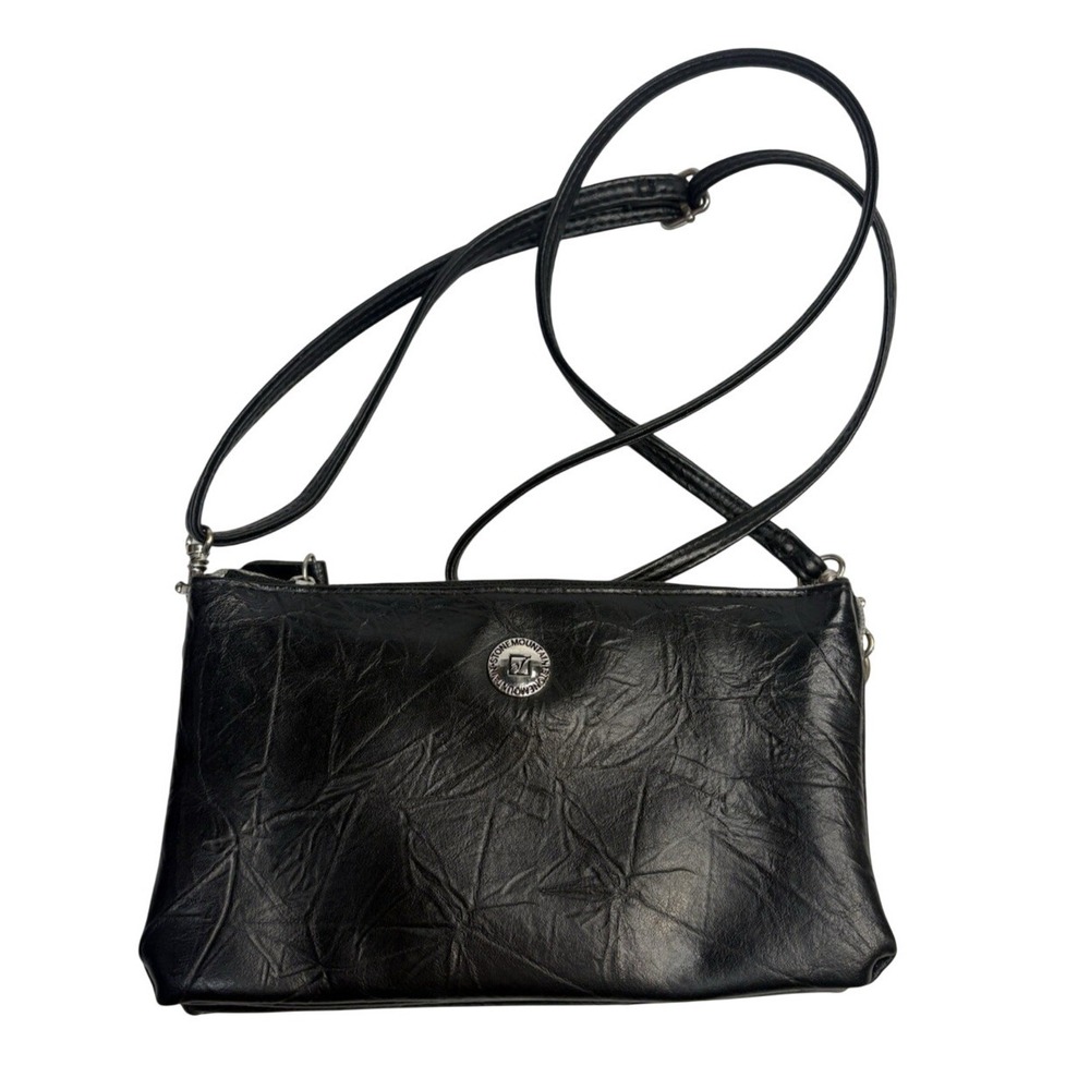 Stone‎ Mountain Black Leather Crossbody Purse Organizer Bag 8.5"x6" Zip Pockets
